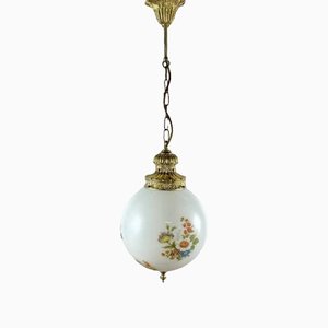 Bronze and Milk Glass Plafond Chandelier with Floral Decor