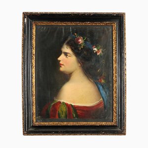Previati, Portrait eines Mädchens mit Blumenkrone, Öl an Bord, Gerahmt
