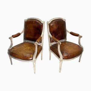 Antique Napoleon III Heritage Brown Leather Armchairs, Set of 2