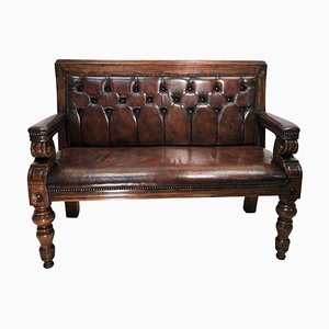 Antique English Oak & Brown Leather Chesterfield Bench, 1900s