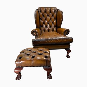 Hand Dyed Brown Leather Claw & Ball Chesterfield Wingback Armchair & Footstool, Set of 2
