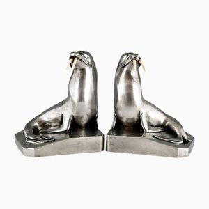Art Deco Silvered Bronze Walrus Bookends by G.H. Laurent, 1925, Set of 2