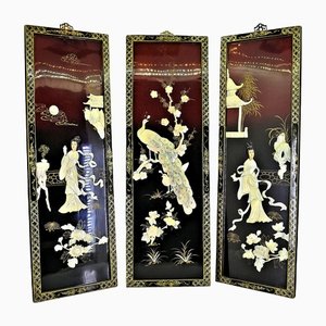 Chinese Triptych Paintings, 1930s, Lacquer, Set of 3