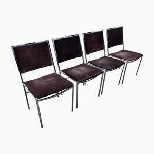 Italian Chrome and Suede Chairs, 1970s, Set of 4