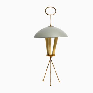 Large Mid-Century Italian Tripod Table Lamp in Brass and Metal Shade