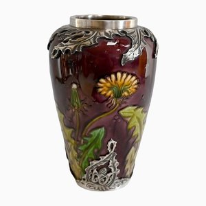 Art Nouveau Les Pissenlits Vase in Silver and Enameled Ceramic from De Sèvres