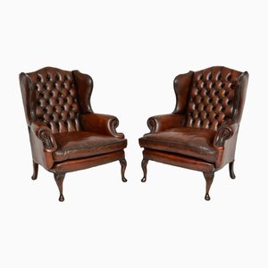 Antique Leather Wing Back Armchairs, Set of 2