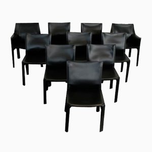 Black Leather Cab 412+413 Chairs and Armchairs from Cassina, Set of 10