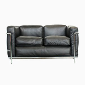 LC2 Le Corbusier Black Leather Sofa by Pierre Jeanneret for Cassina