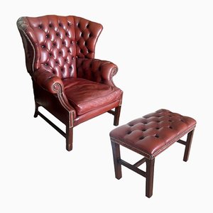 English Georgian Tufted Red Leather Wingback Chair and Ottoman, Set of 2