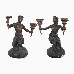 Bougeoirs Faunus Antiques en Bronze avec Socle en Marbre, 1800s, Set de 2