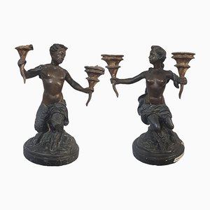 Candelabros Faunus antiguos de bronce con base de mármol, década de 1800. Juego de 2