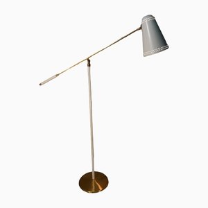 Cone Floor Lamp in Brass & White Lacquer on Telescopic Base, 1950s