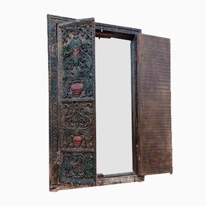 Vintage Carved Wood Asian Shutter Wall Mirror
