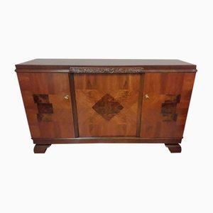 Credenza in legno intarsiato con ripiano in marmo