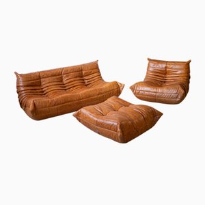Vintage Dubai Pine Leather Togo Living Room Set by Michel Ducaroy for Ligne Roset, Set of 3