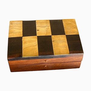 Wood and Brass Jewelry Box with Geometrical Inlays, France, 1970s