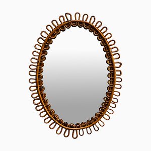 Olaf Von Bohr Style Rattan & Bamboo Oval Wall Mirror, Italy, 1960s