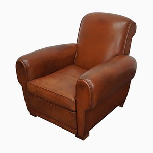 Vintage French Cognac Leather Club Chair, 1940s