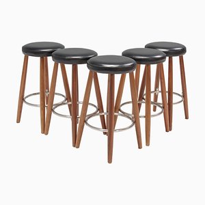Leather and Walnut Ch56 Bar Stools by Hans J Wegner for Carl Hansen, Set of 5