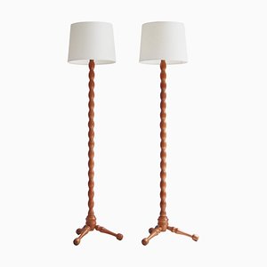 Scandinavian Turned Oak Floor Lamps, 1950s, Set of 2