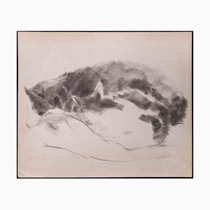 Giselle Halff, Sleeping Cats, Dessin au Crayon de Carbone, 1957