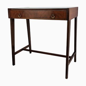 Italian Art Deco Walnut and Brass Writing Table with Glass Top, 1960s