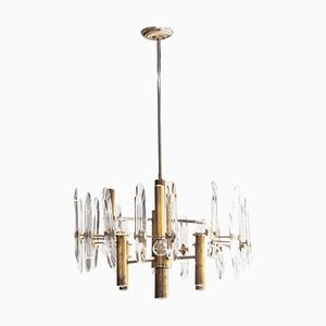 Brass and Crystal Prism Chandelier by Gaetano Sciolari, Italy, 1960s