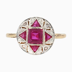 French Art Deco 18 Karat Yellow Gold and Platinum Ring with Ruby Diamonds, 1925