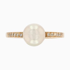 French Modern 18 Karat Yellow Gold Flat Ring with Diamonds and Cultured Pearl