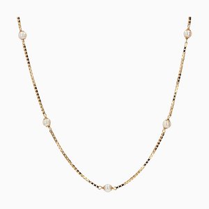 18 Karat Yellow Gold Mesh Chain with Cultured Pearls, 1960s
