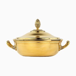 Piatto in stile neo-imperiale con coperchio della serie Malmaison in metallo dorato di Christofle, XX secolo