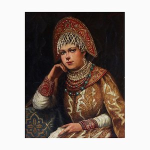 V. Bobrov, Portrait of Russian Woman in a Kokoshnik, 1904, Oil on Canvas, Framed