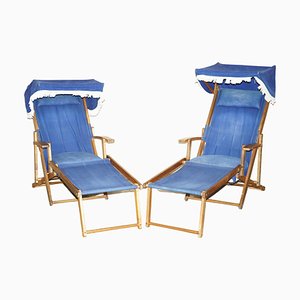 Set of Antique Haxyes Steamer Deck Chairs with Canopy Top and Footrests, 1900s