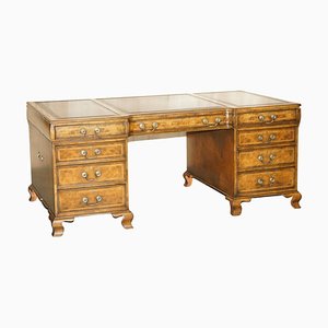 Antique Serpentine Fronted Double Sided Partner Desk in Burr Walnut and Brown Leather