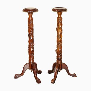 Hand Carved Fruitwood Vine Display Stands with Claw and Ball Feet, Set of 2
