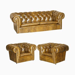 Vintage Chesterfield Sofa und 2 Clubsessel in Grünem Leder, 3er Set