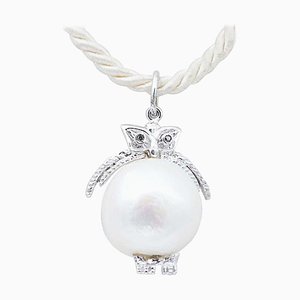 Baroque Pearl with black Diamonds &14 Karat White Gold Owl Pendant Necklace.