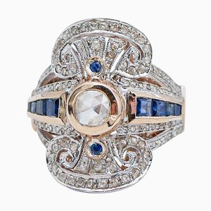 Zaffiri e diamanti con anello in oro rosa 14 carati e argento