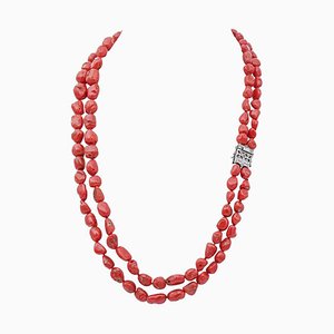 Red Coral & Diamonds with Rose Gold and Silver Multi-Strands Necklace