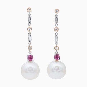 South-Sea Pearls & Rubies with Diamonds &14 Kt White with Rose Gold Dangle Earrings, Set of 2