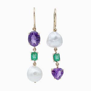 Emeralds & Amethysts with Baroque Pearls & 14 Karat Rose Gold Dangle Earrings, Set of 2