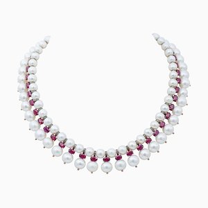 Collar de diamantes con rubíes y perlas blancas con oro rosa y plata
