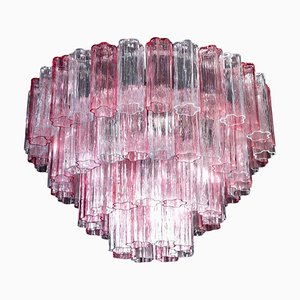 Großer italienischer Tronchi Kronleuchter aus Muranoglas in Rosa und Eis
