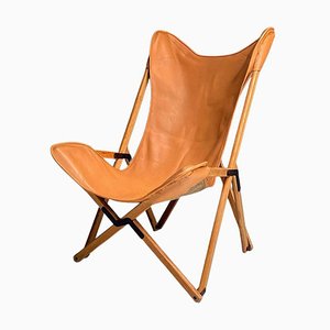 Italian Modern Wood and Leather Tripolina Folding Deck Chair by Citterio, 1970s