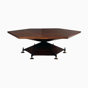 Large Mid-Century Italian Hexagonal Wood Coffee Table with Brass Details, 1950s