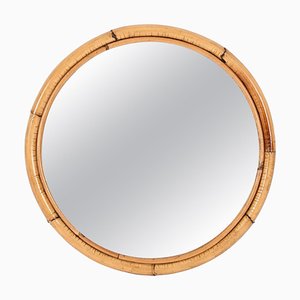 Mid-Century Italian Round Mirror with Double Bamboo and Cane Frame, 1970s