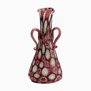 Frasco Millefiori antiguo de cristal de Murano rojo y blanco de Fratelli Toso, 1910