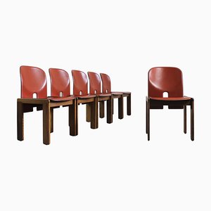 121 Chairs in Walnut and Leather by Tobia & Afra Scarpa for Cassina, 1960s, Set of 6