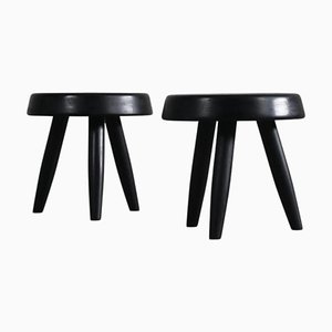 Black Wood Stools in the style of Charlotte Perriand, 1950s, Set of 2